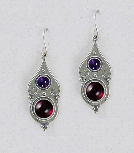 Sterling Silver Gothic Look With Garnet And Iolite Gemstone Drop Dangle Earrings